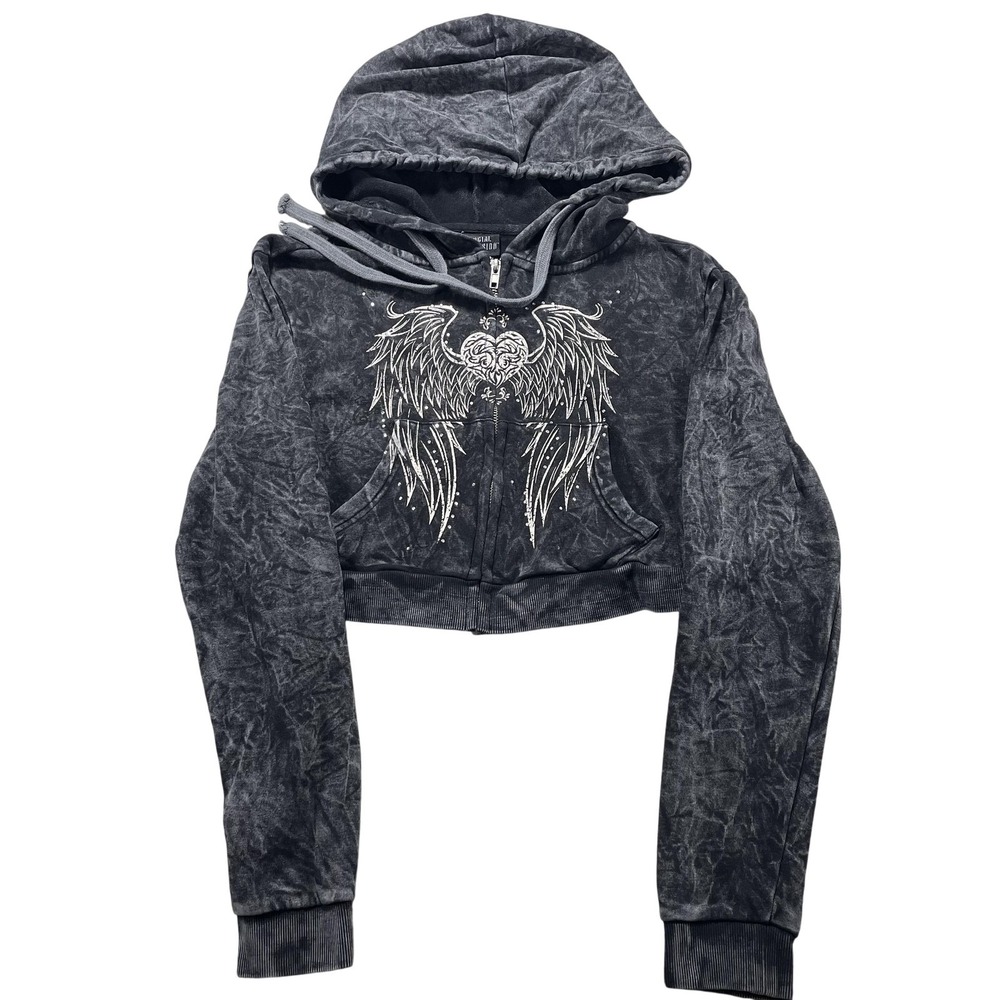 Social Collision Hoodie Juniors Medium Gray Angel Wing Graphic Cropped Full Zip